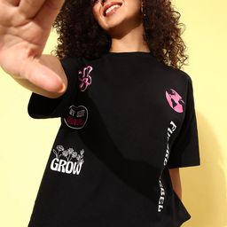 Kook N Keech Jet Black Graphic High Drop-Shoulder Sleeves Pure Cotton T-shirt-image-57