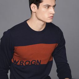 WROGN Men Blue & Orange Colourblocked Slim-Fit Pullover-image-65