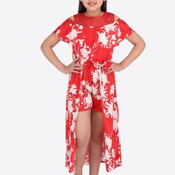 CUTECUMBER Girls Red & White Floral Printed Fit and Flare Dress-18