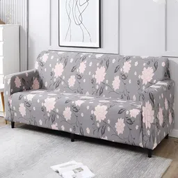 HOKIPO Grey & Pink Printed 4 Seater Elasticated Sofa Cover With Arms-image-83