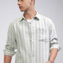 HIGHLANDER Men Spread Collar Gingham Checked Cotton Casual Shirt-picture-1