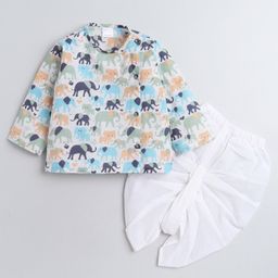 Polka Tots Full Sleeves Elephants Print Kurta And Solid Dhoti Pants - White-image-66