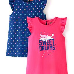 Babyhug Cotton Knit Half Sleeves Nighty Star & Kitty Print Pack of 2 - Pink & Blue-image-92