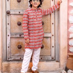 Pine Kids Cotton Full Sleeves Floral Printed Kurta & Pajama Set- Red-image-96