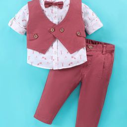 ToffyHouse Poplin Full Sleeves Printed 3 Piece Party Suit with Bow - Maroon-image-26