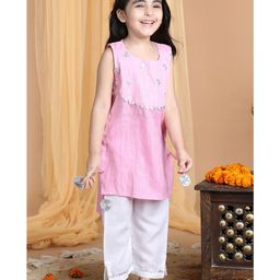 Kinder Kids Sleeveless Lurex Striped & Jaipuri Flower Motif Embroidered Kurta With Coordinating Gota Lace Embellished Pant - Pink & White-image-21