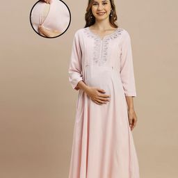 MomToBe Three Fourth Sleeves Placement Floral Embroidered  Maternity Kurta With Concealed Zipper Nursing Access - Pink-picture-14
