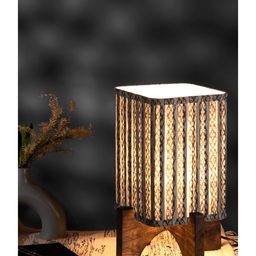 Green Girgit Wooden Brown Base Lamp with pleeted Grey Chainprint Soft Shade-18