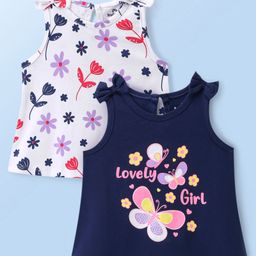 Doodle Poodle 100% Cotton Knit Sleeveless Printed Tops with Floral Print Bow Applique  Pack of 2 -  Navy Blue & White-image-40
