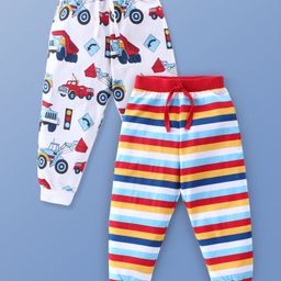 Babyhug Cotton Knit Full Length Striped Lounge Pants with Vehicle Print Pack of 2 - Multicolour-picture-10