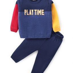 Babyhug Knitted Full Sleeves Pullover Sweater Set with Text Embroidery - Navy Blue & Yellow-image-77