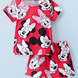Honeyhap Disney Premium Cotton Knit Half Sleeves Night Suit With Minnie Mouse Print - Red-image-18