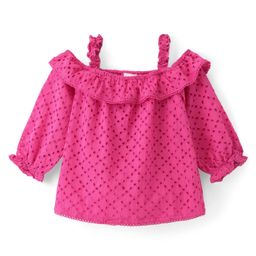 Babyhug Rayon Knit Cold Shoulder  Full Sleeves Schifli Top with  Detailing Top - Pink-image-4