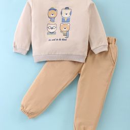 ToffyHouse 100% Cotton Knit Full Sleeves T-Shirt & Lounge Pants Set With Teddy Print - Beige-image-86