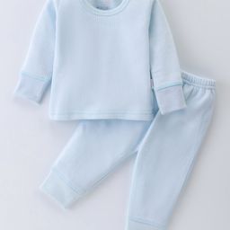 Mom's pet Cotton Full Sleeves Ribbed Tee & Pajama With Grip Thermal Set - Blue-image-127