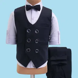 Robo Fry Lycra Knit Full Sleeves Solid Colour 3 Piece Party Suit With Bow - Black-picture-30
