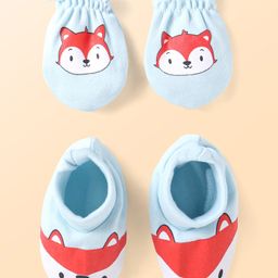Babyhug Interlock Knit Mittens & Booties With Fox Print - Light Blue-17