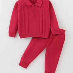ToffyHouse Cotton Knitted Full Sleeves Solid Colour Collared Sweatshirt & Lounge Pant Set with Cable Knit Design - Red-image-41
