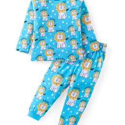 Babyhug Cotton Knit Full Sleeves Night Suit With Lion Print - Blue-image-50