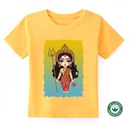 BLUSHES Durga Puja Theme 100% Cotton Half Sleeves Durga Maa Printed Tee - Yellow-picture-33