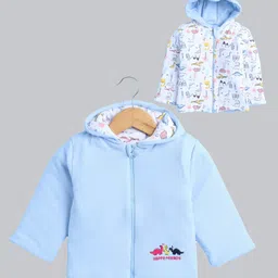 BUMZEE Cotton Full Sleeves Dinosaur Printed & Happy Friends Text Embroidered Hooded Reversible Jacket - Sky Blue & White-picture-12