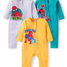 Babyhug Marvel Interlock Knit Full Sleeves Rompers With Spiderman Graphics Pack of 3 - Yellow Blue & Grey-image-91