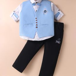 Rikidoos Cotton Full Sleeves Trees Printed Shirt With Embellished Waistcoat Pant & Bow - Light Blue & White-image-79