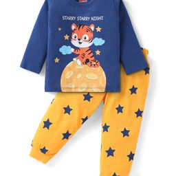 Babyhug Cotton Knit Full Sleeves Night Suit with Tiger & Star Print - Yellow & Navy Blue-image-98