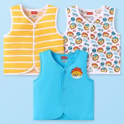 Babyhug 100% Cambric Woven Sleeveless Front Open Jhabla with Lion & Stripe PrintPack of 3 - Yellow White & Blue-3