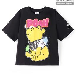 Pine Kids Disney Terry Knit Half Sleeves Oversize Drop Shoulder T-Shirt With Winnie The Pooh Graphics And Sequins Detailing - Black-image-3