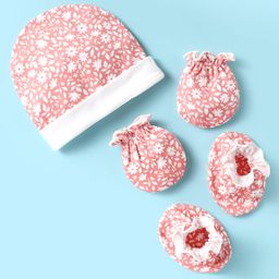 Ben Benny 100% Cotton Interlock Knit Cap Mittens & Booties Set With Floral Print Pink - Diameter 9 cm-12