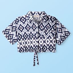 CrayonFlakes Rayon Half Sleeves Ikat Printed Shirt Style Crop Top - Off White-image-91