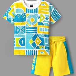 Ollington St. Cotton Half Sleeves T-Shirt & Shorts with Abstract Print - Light Blue & Yellow-picture-26