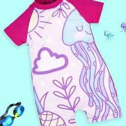 Kiddopanti Half Raglan Sleeves Jelly Fish Printed Swimsuit - Hot Pink-image-74
