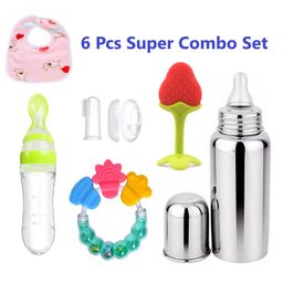 Enorme Combo of 6 Pcs Strawberry Slicone Teether, Bellring, Steel Bottle, Spoon Feeder, Bib, Finger Brush-15