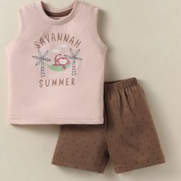 Zero Sinker Knit Sleeveless Tank T-Shirt & Shorts Set With Beach Theme Print - Brown-image-19