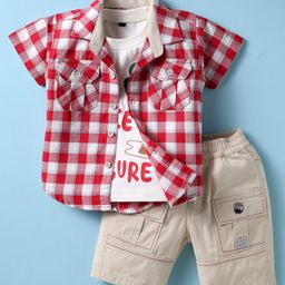 Dapper Dudes Half Sleeves Checked Shirt With Typography Printed Tee & Shorts Set - Red-image-52