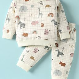 Ollypop Fleece Knit Full Sleeves Animal Printed Checks Co-Ords Winter Night Suit - Cream-picture-18