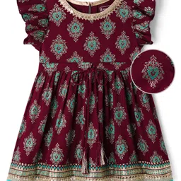 EARTHY TOUCH Single Jersey Knit Frill Sleeves Floral Glitter Printed Ethnic Dress with Lace Detailing - Maroon-picture-2