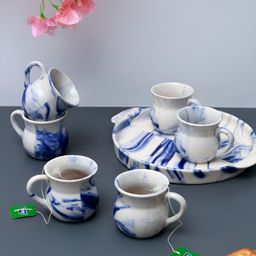 Unravel India Blue & White 7 Pieces Shades of Earth Printed Ceramic Matte Cups 110 ml Each-4