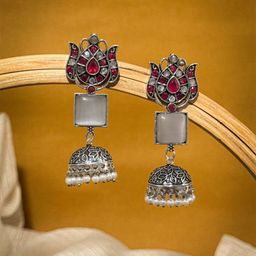 NAMAN ARTS Silver-Plated Artificial Stones Studded & Beaded Dome Shaped Oxidised Jhumkas-image-80
