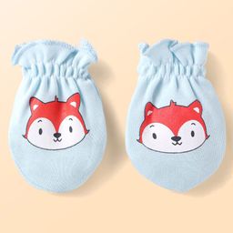 Babyhug Interlock Knit Mittens & Booties With Fox Print - Light Blue image 2