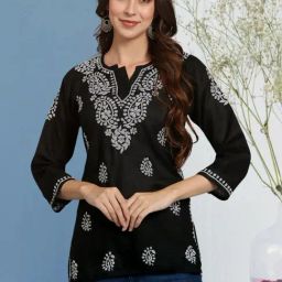 PARAMOUNT CHIKAN Black Cotton Hand Embroidered Chikankari Straight Kurti-picture-12