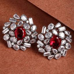Karatcart Black Silver-Plated Red Oval Cubic Zirconia Floral Stud Earrings for Women-9