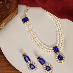 Peora Gold-Plated Blue Kundan Long Necklace & Drop Earrings Traditional Jewellery Set-image-78