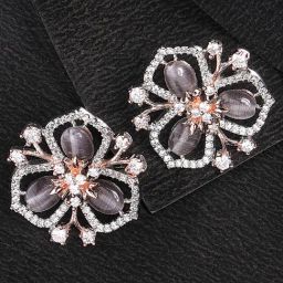 Karatcart Silver & Rose Gold-Plated Grey Stone Floral Design Cubic Zirconia Stud Earrings for Women-image-35