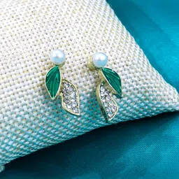 KRENOZ Gold-Plated Leaf Shaped Stainless Steel Stone Studded Antique Studs-1