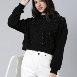 SHOWOFF Black & White Self Design Crop Sweatshirt-25