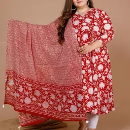 Miravan Red & White Cotton Printed Kurta With Dupatta image 1