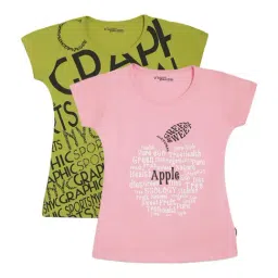 Li'l Tomatoes Kids Green & Pink Cotton Graphic Print Tops - Pack of 2-image-31